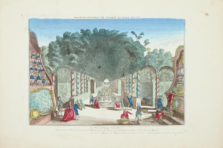 Festin pour le marriage de l’Infante d’Espagne. Vuë d’Optique Nouvelle Representant le Festin donné par l'Ambassadeur de France aux Seigneurs et Dames de le Cour de Madrid, au sujet du Mariage de l'Infante. Chereau, Jacques (1688-1776). 1739. Precio: 450€