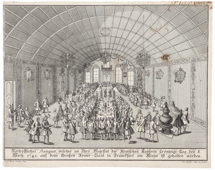 Excelente banquete en el que vino la Emperatriz romana y se llevó a cabo la coronación de su Majestad el día 8 de marzo de 1742 en la gran sala romana de Frankfurt en Main. Rössler, Michael (1705-1777). Circa 1742. Precio: 350€