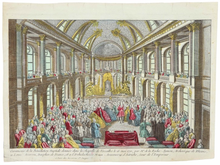 Ceremonie de la Bénédiction Nuptiale dans la Chapelle de Versailles le 16 mai 1770, par Mr. De la Roche-Aymon, Archevêque de Rheims à Louis-Auguste, Dauphin de France, et a l'Archiduchesse Marie-Antoinette d'Autriche, Soeur de l'Empereur. Basset. Circa 1770. Precio: 350€