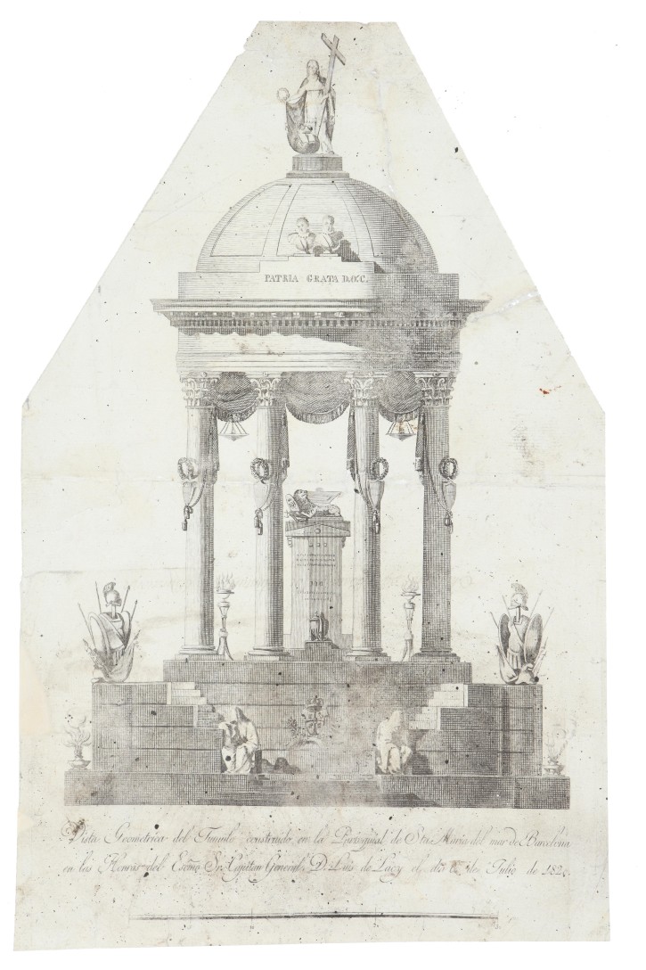 Geometric view of the tomb built in the Parish of Santa Maria del Mar in Barcelona in honor of His Excellency Captain General D. Luis de Lucy on July 6, 1820. . 1820. Precio: 150€