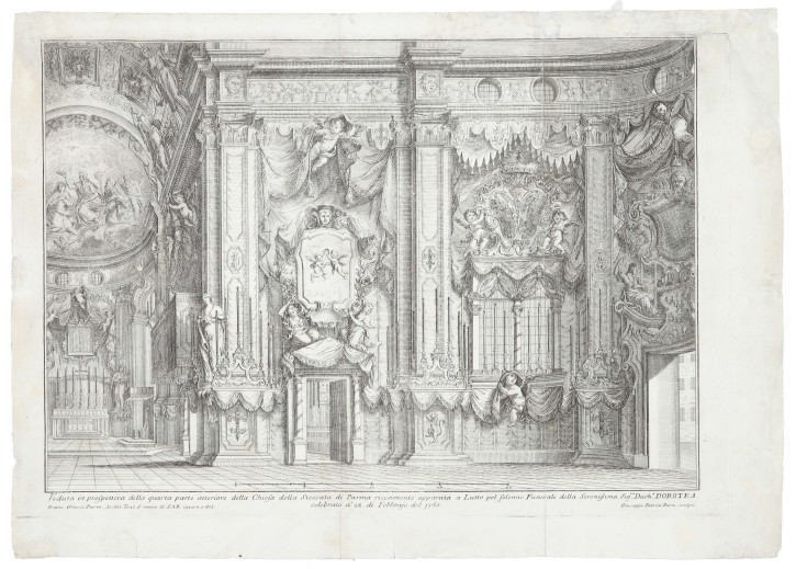 Vedutta in prospettiva della quarta parte interiore della Chiesa della Steccata di Parma riccamente apparata a Lutto pel Solenne Funerale della Serenissima Sigra Ducha Dorotea celebrato à 28 di Febbrajo del 1750. Patrini, Giuseppe (1711-1786) - Grassi, Francesco. 1750. Precio: 500€