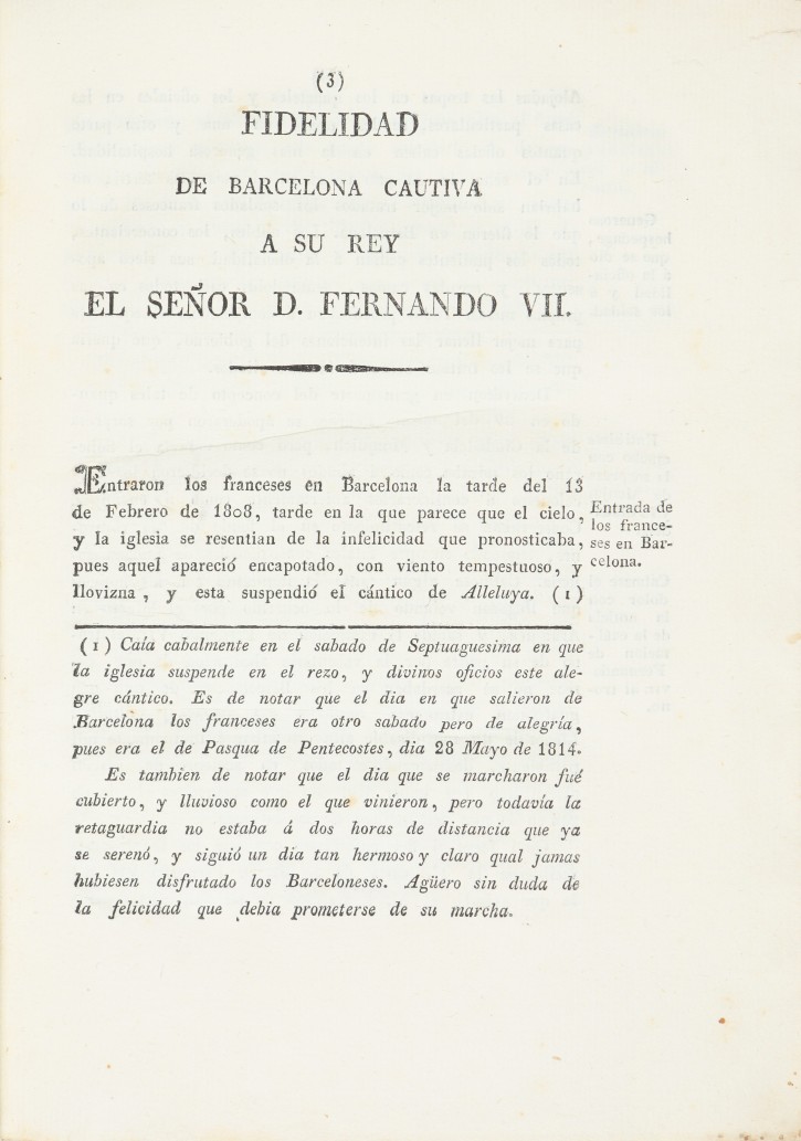 Idea of ​​Barcelona's loyalty during its captivity to its beloved king Mr. Dn. Fernando VII also captive. Ferrer, Raymundo - Roca, Agustí (1754-1819). 1814. Precio: 400€