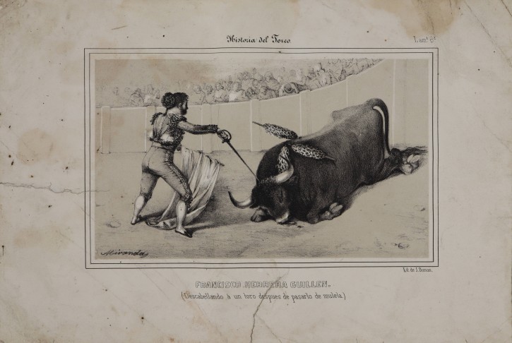 Francisco Herrera Guillen (descabellando á un toro después de pasarlo de muleta) y Antonio Ruiz (el Sombrerero). Miranda - Donon, J.. Mediados siglo XIX. Precio: 200€