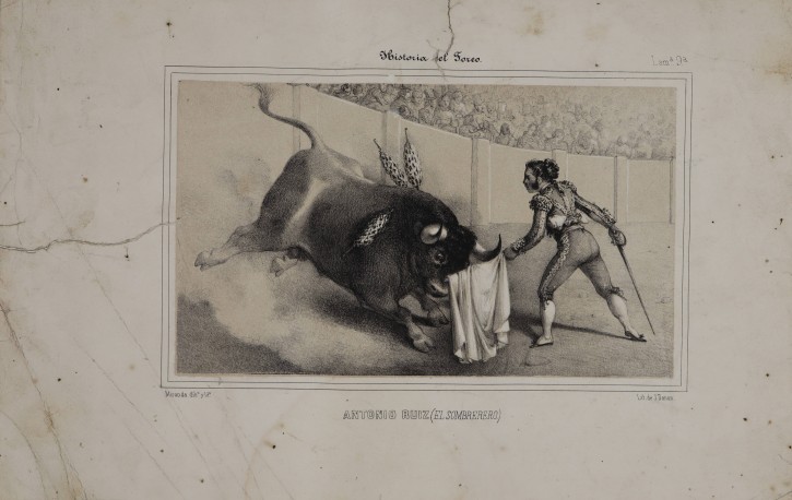 Francisco Herrera Guillen (descabellando á un toro después de pasarlo de muleta) y Antonio Ruiz (el Sombrerero). Miranda - Donon, J.. Mediados siglo XIX. Precio: 200€