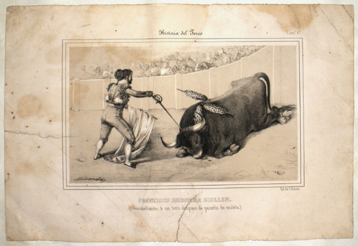 Francisco Herrera Guillen (descabellando á un toro después de pasarlo de muleta) y Antonio Ruiz (el Sombrerero). Miranda - Donon, J.. Mediados siglo XIX. Precio: 200€