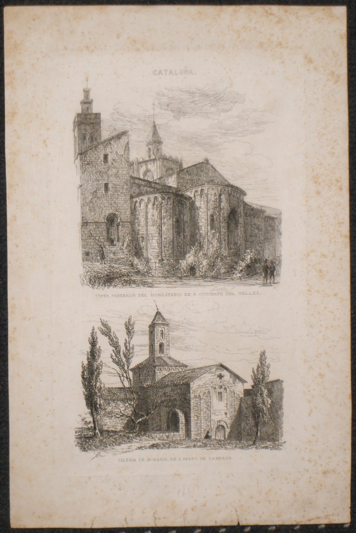 Vista del Monasterio de St. Cugat del Vallés y la Iglesia de St. Pere en Terrassa. Rigalt i Farriols, Lluís. 1842