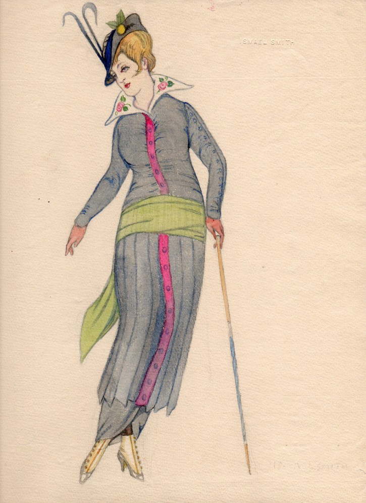 Mujer a la moda con sombrero y bastón. Smith, Ismael (1886-1972). Ca. 1914