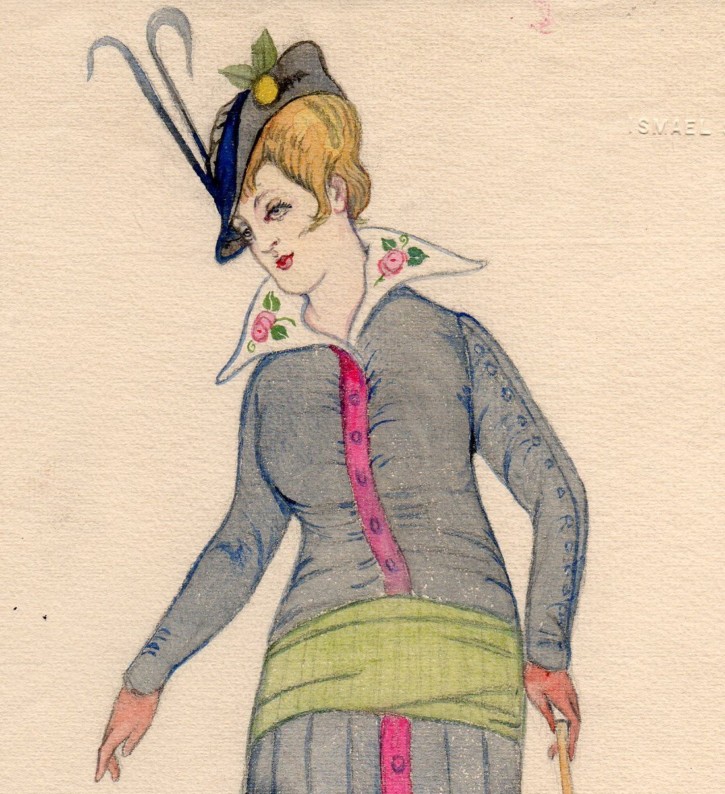 Mujer a la moda con sombrero y bastón. Smith, Ismael. Ca. 1914