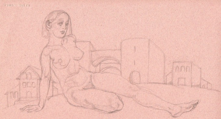 Naked laying woman with some buildings