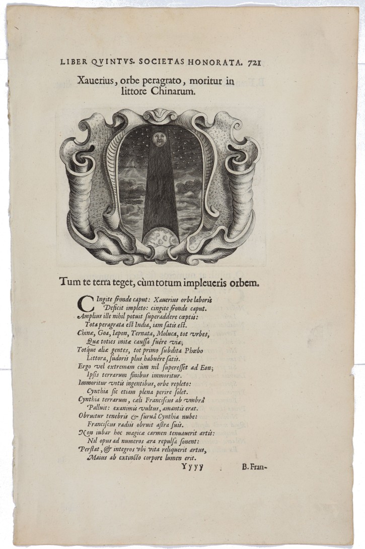 Xauerius, orbe peragrato, moritur in littore Chinarum / Tum te terra teget, cùm totum impleueris orbem. Galle, Cornelis (1576-1650) - Bolland, Johannes (1596-1665). 1640. Precio: 250€