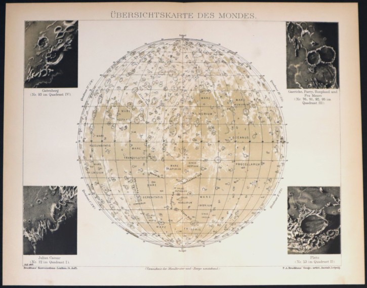 Mapa lunar: cráteres y montañas. Brockhaus, Friedrick Arnold. 1907. Precio: 180€