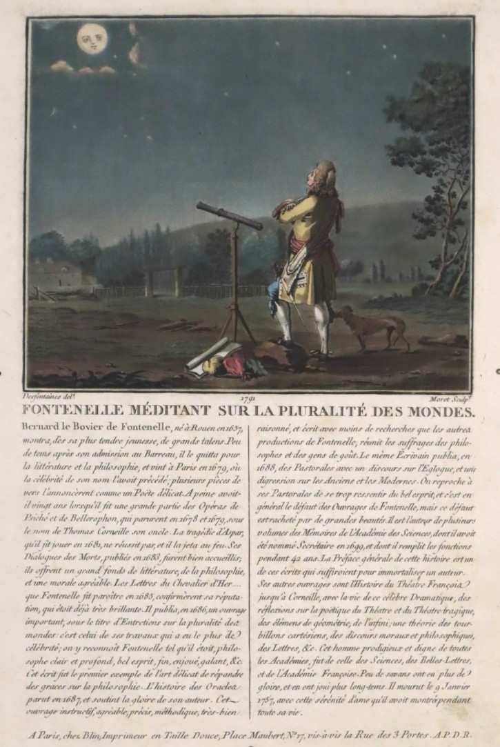 Fontanelle meditando sobre la pluralidad de los mundos. Moret, Jean-Baptist - Desfontaines - Blin, Pierre. 1791. Precio: 350€