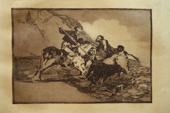Modo con que los antiguos españoles cazaban los toros á caballo en el campo. Goya Lucientes, Francisco de - Calcografía Nacional. 1816, Séptima edición (1937). Precio: 600€