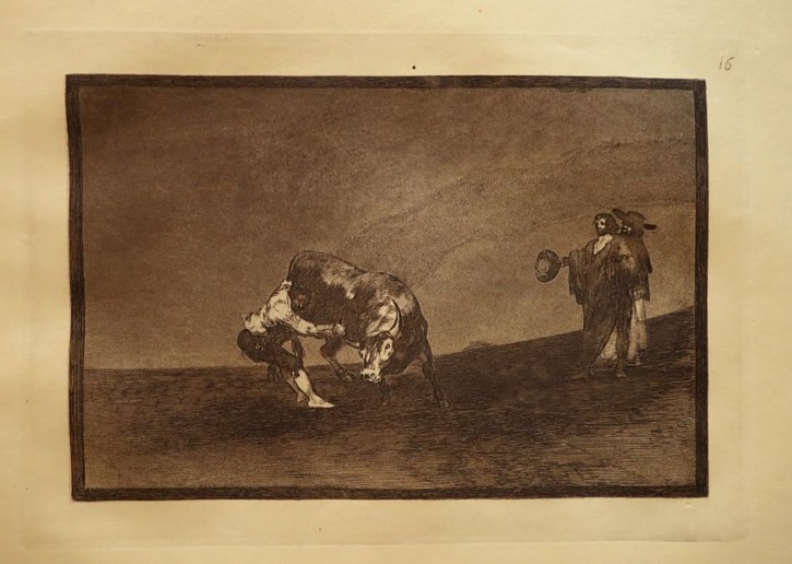 El mismo vuelca un toro en la Plaza de Madrid. Goya Lucientes, Francisco de - Calcografía Nacional. 1816, Séptima edición (1937). Precio: 600€