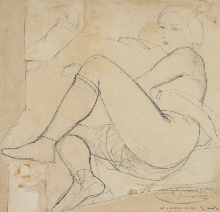 Dibujo erótico. Chica con calcetines. Martí Alsina, Ramón (1826-1894). Ca. 1870. Precio: 1200€