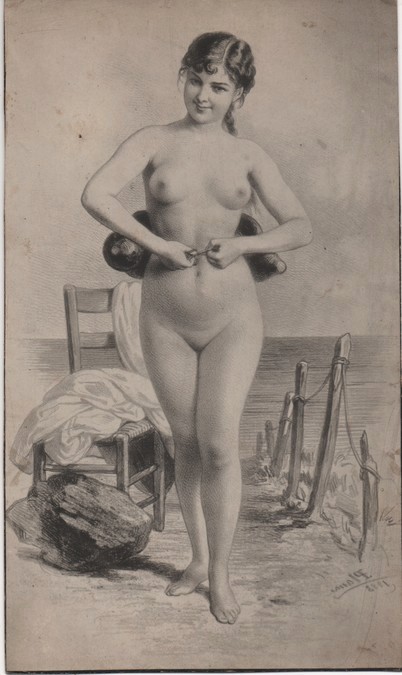 Joven desnuda atándose un flotador. Planas, Eusebi. Finales siglo XIX