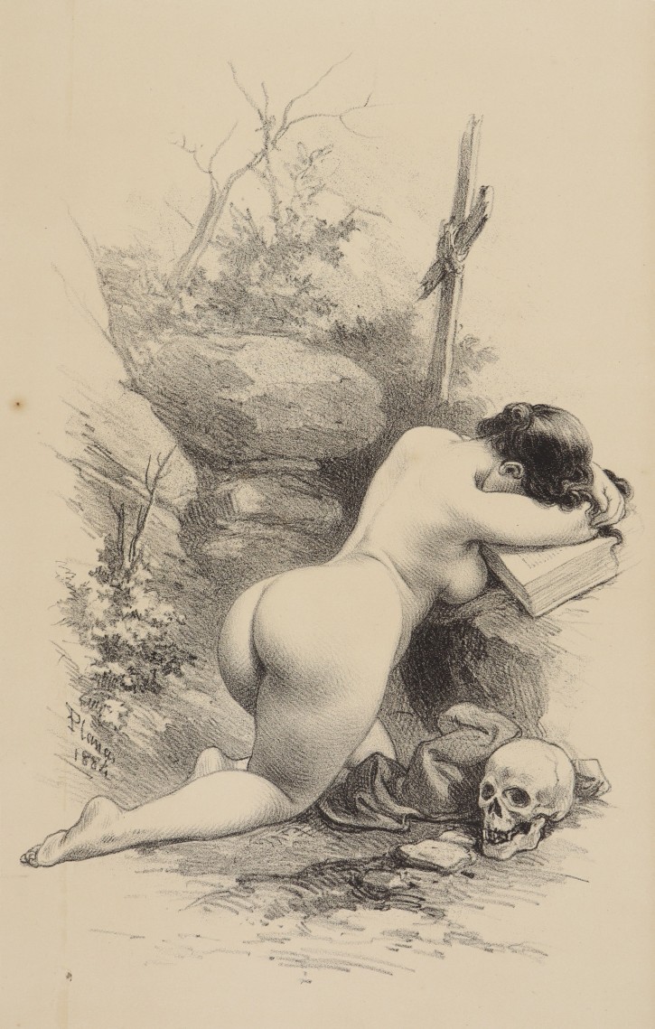 Woman crying with her back before crucifix and skull. Planas, Eusebi (1833-1897) - Aleu y Fugarull, J. (1845-1923). 1883. Precio: 250€