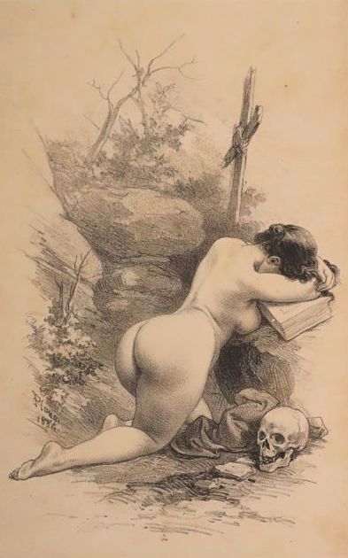 Mujer llorando de espaldas ante crucifijo y calavera. Planas, Eusebi - Aleu, J. y Frugarull. 1883
