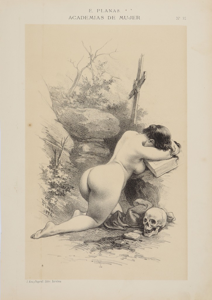 Woman crying with her back before crucifix and skull. Planas, Eusebi (1833-1897) - Aleu y Fugarull, J. (1845-1923). 1883. Precio: 250€