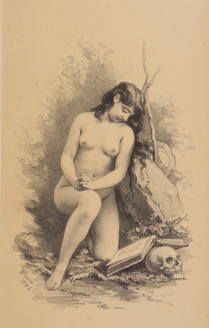 Young woman kneeling before crucifix and skull. Planas, Eusebi (1833-1897) - Aleu y Fugarull, J. (1845-1923). 1883. Precio: 250€