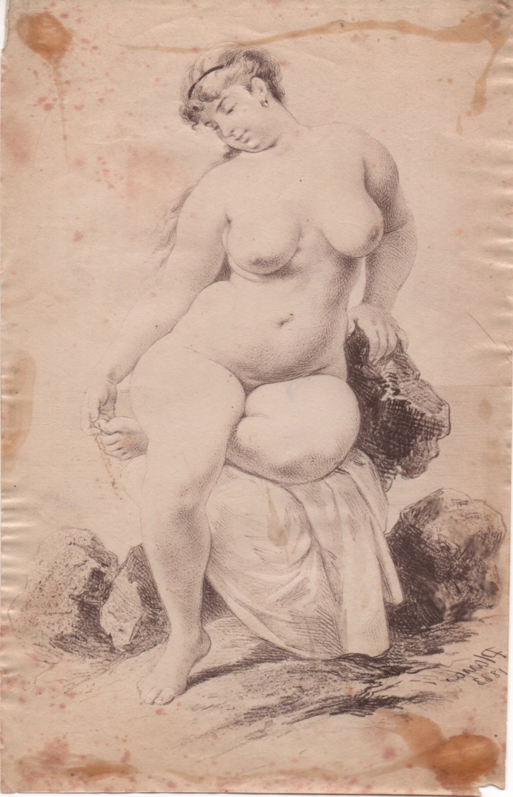 Inverted copy of naked voluptuous woman. Planas, Eusebi (1833-1897) - Aleu y Fugarull, J. (1845-1923). Ca. 1890