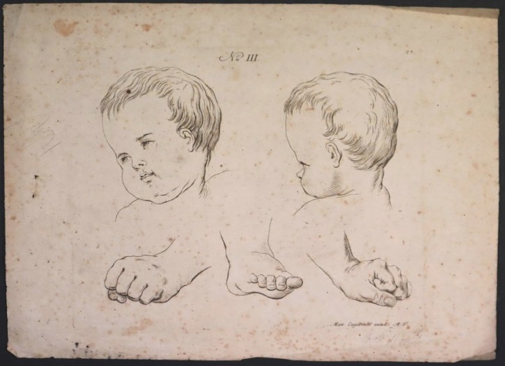 Estudio de cabezas de niño y de dos manos y pie