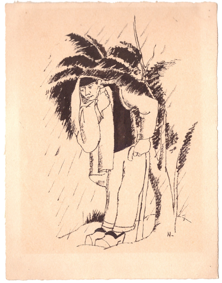 Hombre refugiandose de la lluvia bajo un árbol. Nogués i Casas, Xavier (1873-1941). . Precio: 1500€