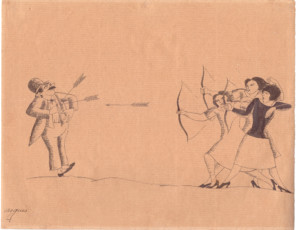 Tres dones llançant fletxes a un home