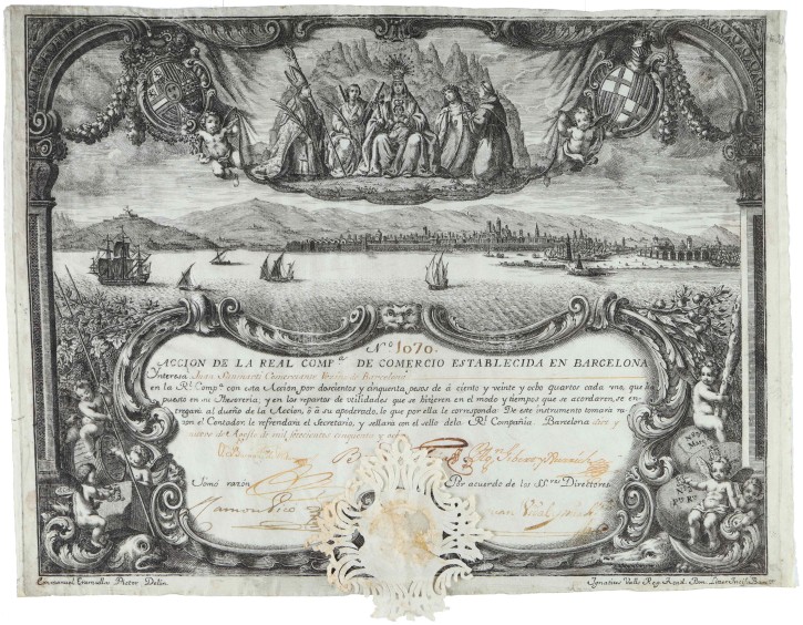 Acción de la Real Compañía de Comercio establecida en Barcelona (Nº: 1070). Valls, Ignasi - Tramullas Roig, Manel (1715-1791). 1758. Precio: 900€