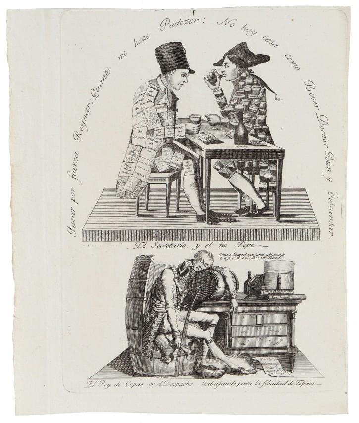 El Secretario y el tio Pepe. Querer por fuerza Reynar; Quanto me hace Padezer! No hay cosa como Bever Dormir Bien y descansar….. . c. 1810. Precio: 900€