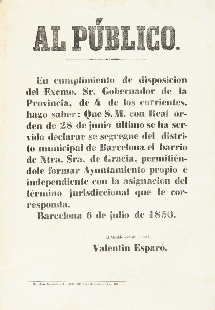 Segregación de la villa de Gracia de Barcelona. . 1850