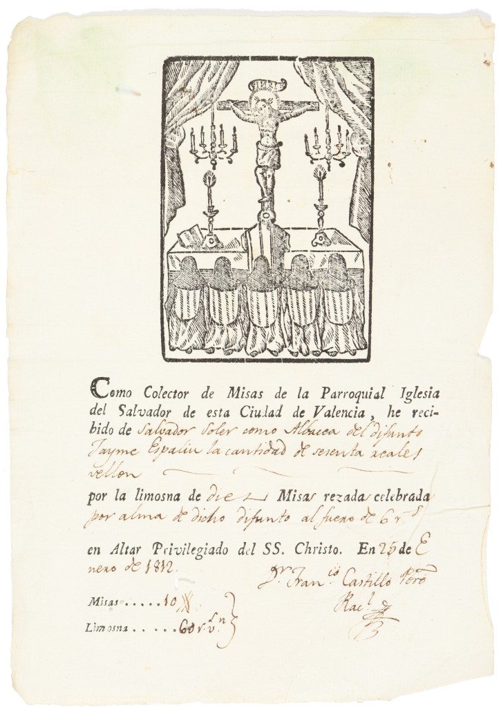 Como colector de Misas de la Parroquia Iglesia del Salvador de esta Ciudad de Valencia.... . 1812. Precio: 80€