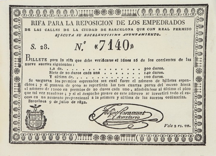 Rifa para la reposicion de los empedrados de las calles de la ciudad de Barcelona. . 1832. Precio: 70€