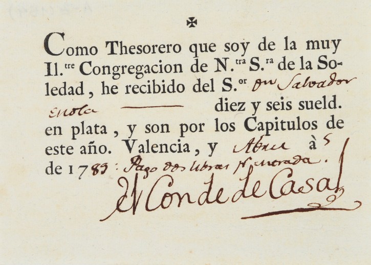 Como Thesorero que soy de la muy ilustre Congregacion de Ntra. dra. de la Soledad. . 1789. Precio: 100€