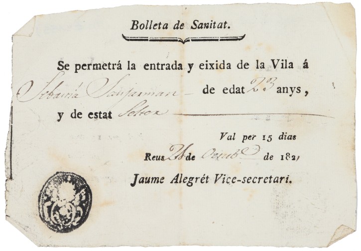 Bolleta de Sanitat. . 1821. Precio: 100€