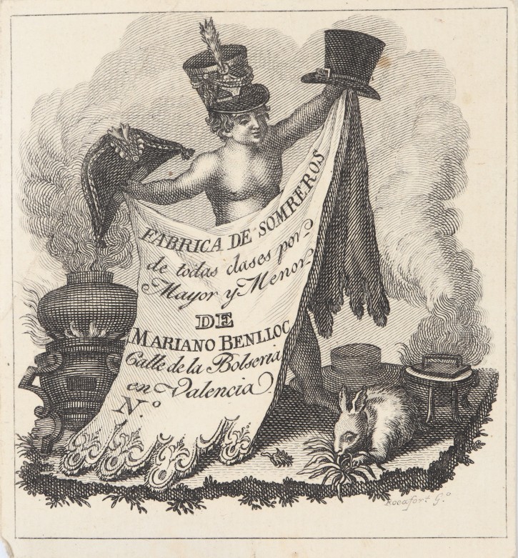 Fabrica de sombreros de todas clases por mayor y menor de Mariano Benlloc. Rocafort, Tomás de (activo 1798-1827). 1820. Precio: 200€