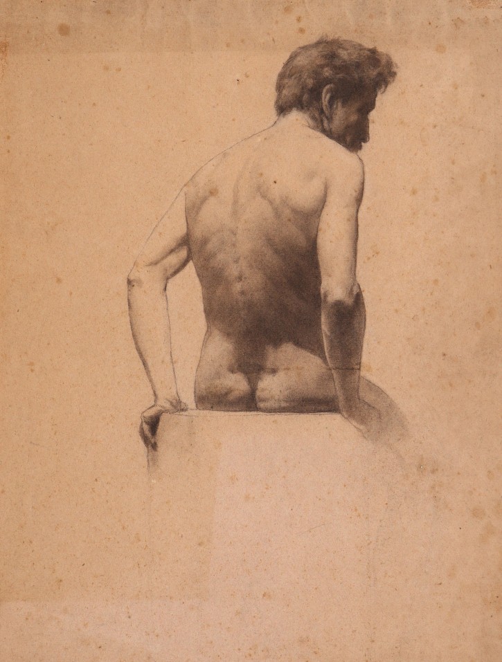 Study of male nude sitting on his back. Rodríguez i Codolà, Manuel (1872-1946). Ca. 1890. Precio: 600€