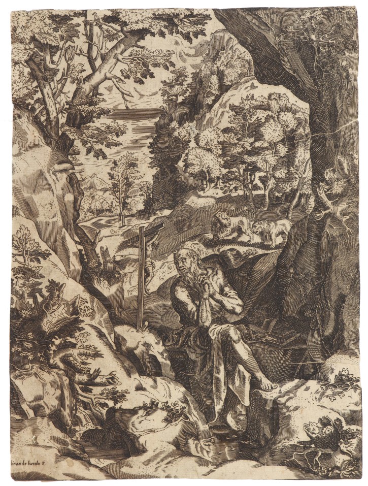 St. Jerome penitent in the forest. Cort, Cornelius (1533-1578) - Murziano, Girolamo (1528-1592) - Breggio, Bonifazio (activo entre 1566-1582). . Precio: 750€