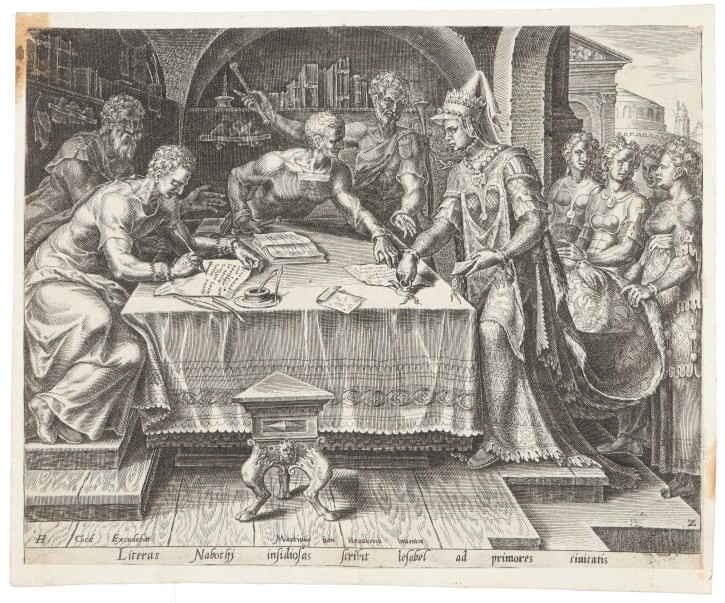 Jezabel sella las cartas falsificadas. Galle, Phillipe (1537-1612) - Van Heemskerck, Martinus (1498-1574) - Cock, Hieronimus (1510-1570). . Precio: 900€