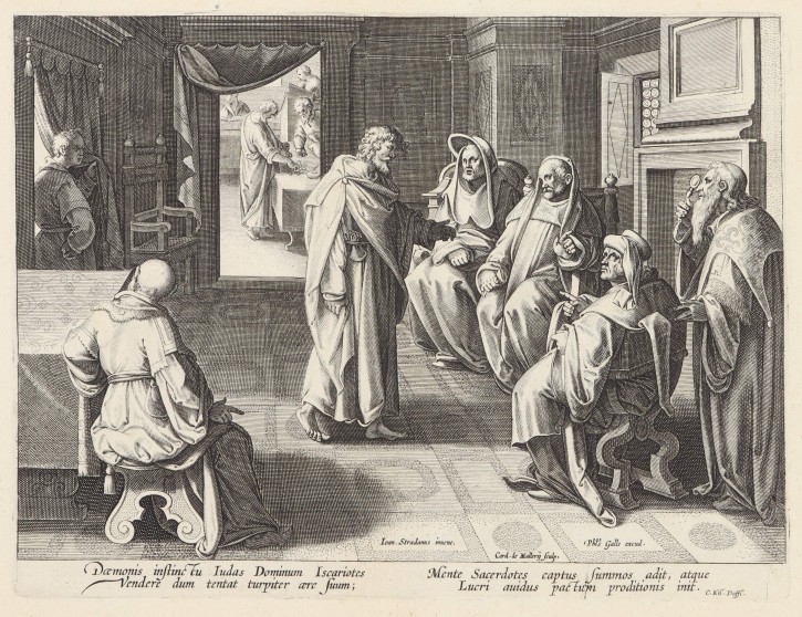 Tentaciones del diablo a Judas. Van Mallery, Carel (1571-1635?) - Van Stradanus, Jan (1523-1605) - Galle, Phillipe (1537-1612). . Precio: 600€