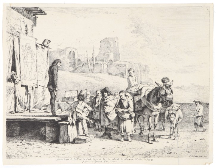 Caravana de teatro en un paisaje italiano con ruinas. Boissieu, Jean-Jacques de (1736-1810). 1772. Precio: 400€