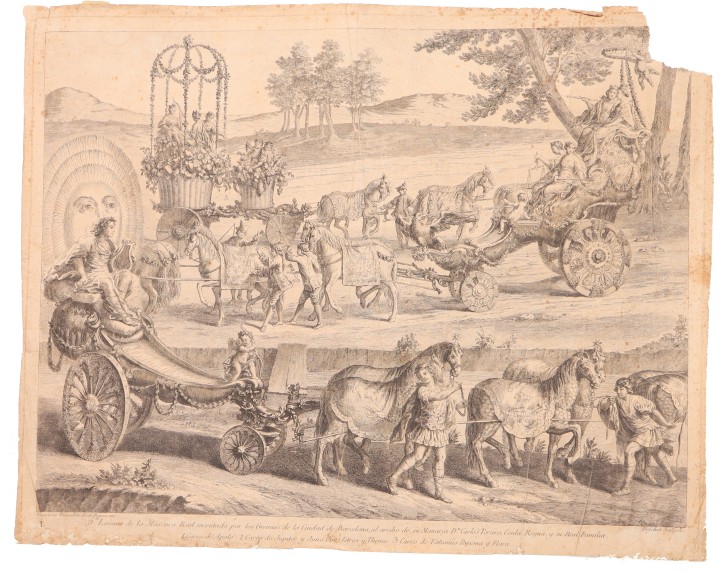 5a lámina de la Mascara Real executada por los Gremios de la Ciudad de Barcelona al arribo de su Monarca Dn Carlos Tercero con la Reyna y su Real Familia. Defehrt, A. J. (1723-1774) - Tramullas Roig, Francesc (1722-1773). 1764