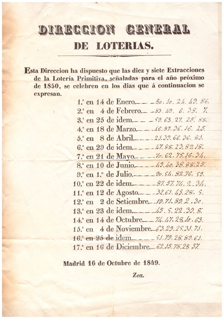 Direccion general de Loterias. . 1849. Precio: 50€