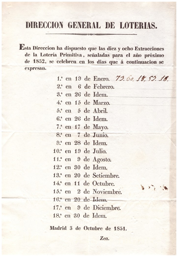 Direccion general de Loterias. . 1851. Precio: 50€