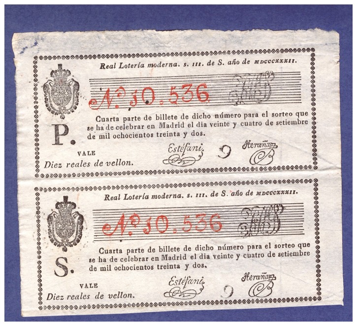 Real loteria moderna N 10.536. . 1832