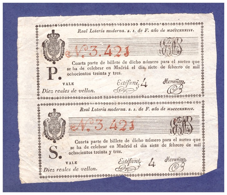 Real loteria moderna N 3.421. . 1833