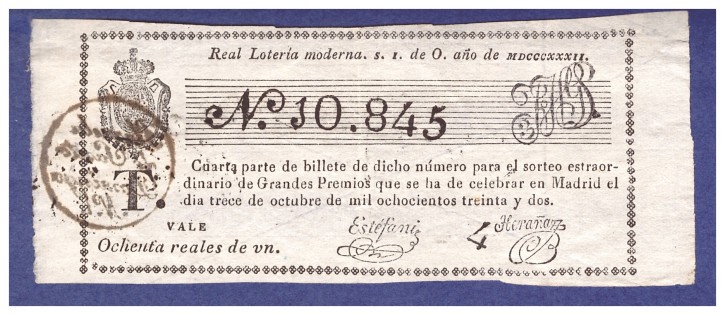 Real loteria moderna N 10.845. . 1832