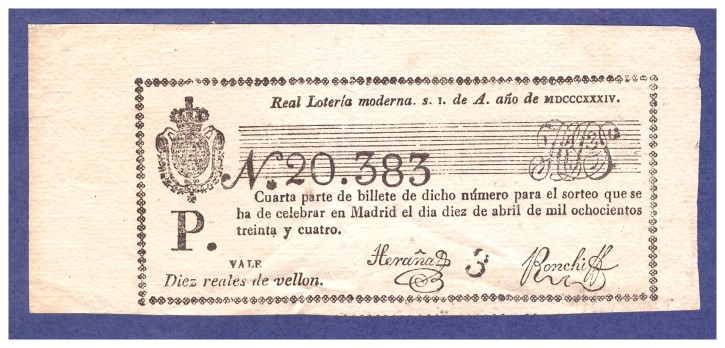 Real loteria moderna N 20.383. . 1834