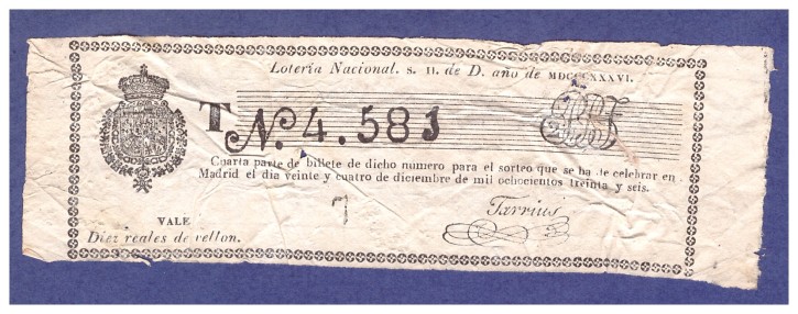 Loteria nacional N 4.581. . 1836