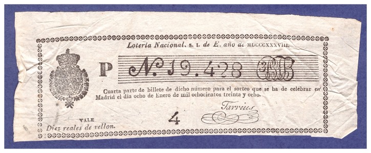 Loteria nacional N 19.428. . 1838